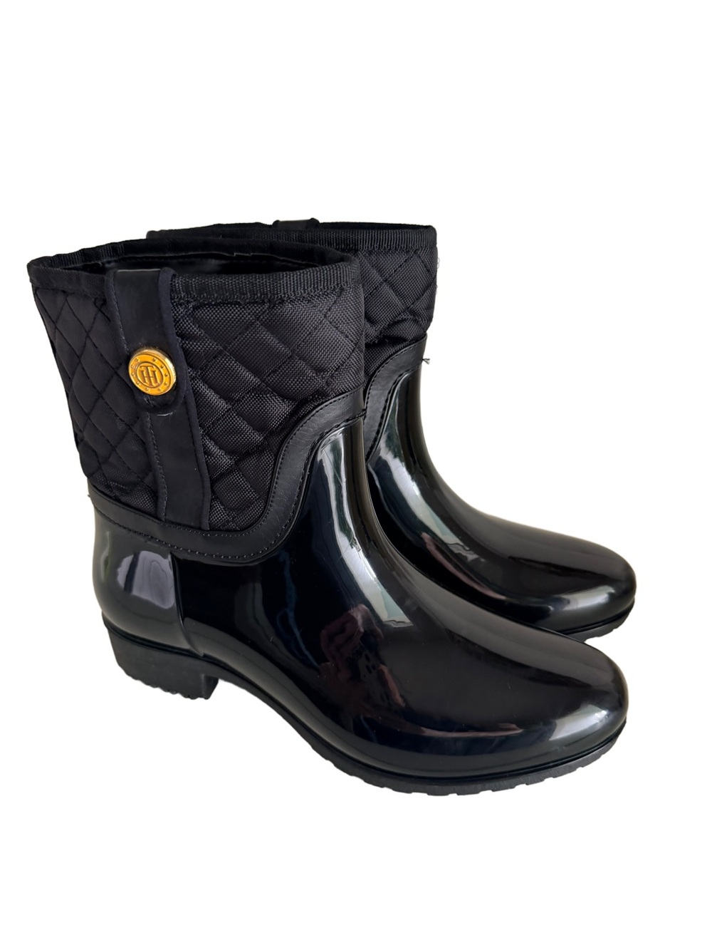 Tommy Hilfiger Freza Quilted Black Glossy Rain Boots Size 8 Mid calf chic fall
